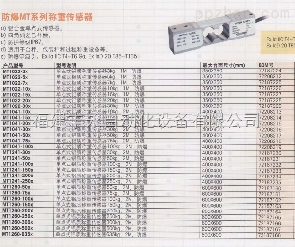 托利多MT1260-300x单点式铝质弯曲梁传感器MT1260